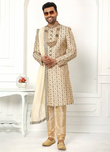 Cream Wedding Wear Art Silk Sherwani Collection 1758